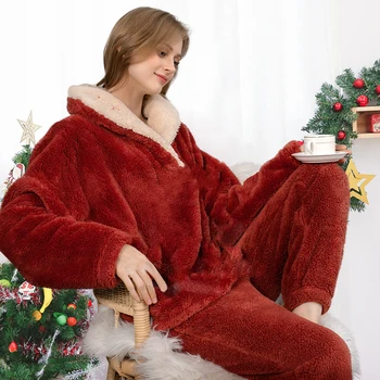 Flanelė Žiemos Pižama Nustatyti Sustorėjimas 2 Vnt Moterų Sleepwear Atsitiktinis Palaidų Šiltas, Patogus Homewear Koralų Vilnos Naktiniai Drabužiai