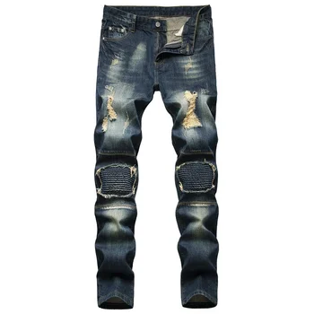 #1377 Streetwear Hip-Hop Džinsai Vyrams Su Skylėmis Atsitiktinis Derliaus Kankina Džinsai Skinny Džinsai Poilsiu Motocycle Homme Blue Jeans