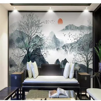 Custom 3d tapetai Kinų stiliaus rašalo kraštovaizdžio abstrakčiai miškai, mažų paukščių sofa gyvenimo kambario sienos kokybės medžiagos, atsparus vandeniui