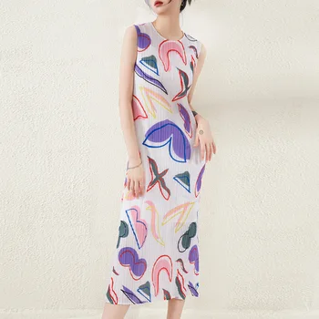 Vasaros nauja suknelė moterų apvalios kaklo berankovė liemenė nišą dizaino Miyake plisuotos ritininės spausdinti ilgas sijonas