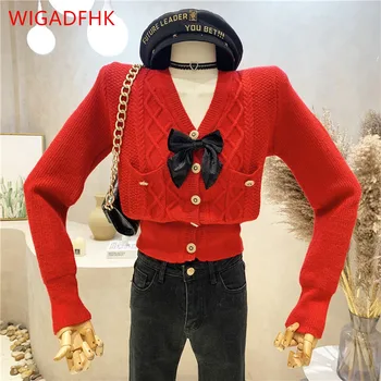 WIGADFHK korėjos Versija Saldus Mergina Dress Bowknot Džemperis Cardigan Moterų Rudens/žiemos 2021 Naujas Slim Trumpas Megztiniai Megztinis Viršų