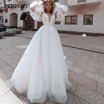 PUIKUS Elegantiškas V-Kaklo Tiulio Vestuvių Suknelės Moterims 2022 M Ilgio Sluoksniuotos Rankovėmis Princesė Vestuvinės Suknelės pagal Užsakymą Pagaminti Vestido De Noiva