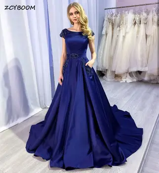 Elegantiškas Tamsiai Mėlyna-Line Oficialią Vakaro Suknelės 2022 Klostuotas Satino Appliques Bžūp Rankovėmis Prom Chalatai Su Kišenėmis Rūbeliai De Soirée