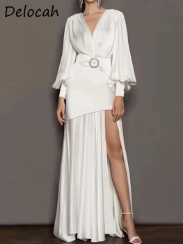 Delocah Aukštos Kokybės Vasaros Moterų Mados Dizaineris Šalies Ilga Suknelė Žibintų Rankovės Elegantiškas Kratinys Balto Print Padalinta Suknelės