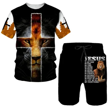 Vasaros Jėzaus Kryžiaus Tracksuit Vyrų Negabaritinių 3D Atspausdintas t marškinėliai Vyrams Kostiumu Marškinėlius Šortai vyriški Dviejų dalių Komplektas Harajuku Streetwear