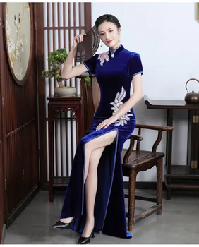 Pavasario Embrodiery Aplikacijos Trumpas Rankovės Veliūras Qipao Mandarinų Apykaklės Aukštis Padalinta Undinė Cheongsam Kinijos Moterų Suknelė
