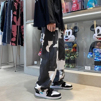 Vyrų Mados Kaklaraištis Dažų Spausdinti Baggy Džinsinio audinio Kelnės Derliaus Hip-Hop Stiliaus Priežastinis Kelnės Kpop Male Pločio Kojų Džinsus Streetwear