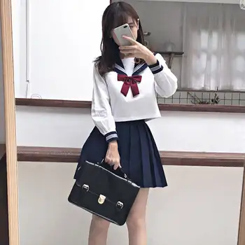 Studentų Japonų Stiliaus S-2xl Mergaitės mokyklines Uniformas Merginos karinio jūrų Laivyno Kostiumas Moterims Seksualus karinio jūrų Laivyno JK Kostiumas Sailor Palaidinė Klostuotas Sijonas 40