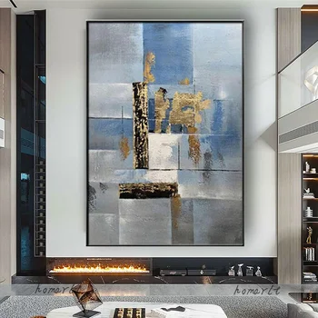 Rankomis Dažyti Modernios Naftos Tapyba Vertikalus Abstrakčiai Aukso Aliuminio Folija Dailės Freskos Aukso Mėlyna Drobės, Dažų Namų Dekoro Sienos Kambarys