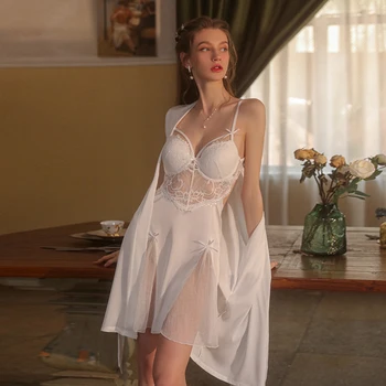 2022 m. Rudenį Nightgowns Moterų Sexy Nėrinių Underwire Rinkti Pižama, Chalatai Backless Diržas Nightdress Homewear Nustatyti Baltos spalvos