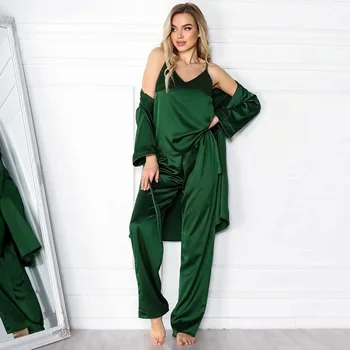 Žalia Kieto Satino Pižama Nustatyti Moteris 3 Gabalus Vieną Krūtinėmis Moterų naktiniai drabužiai Laisvi Atvartas Sleepwear Liemenėlė Rinkinius Kelnės